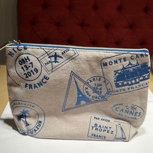 Lancome Paris Canvas Make-up Bag In Cream And Blue Letters And Lining.